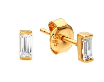 14K Solid Yellow Gold Earrings, Baguette Diamond Cz Cross Earrings, Minimalist Gold Earrings, Push Back Gold Earrings, Stud Earrings