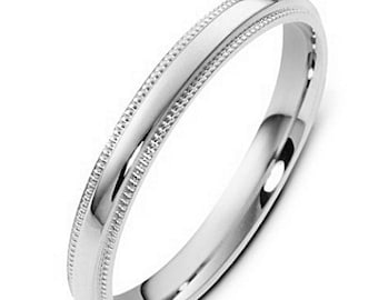 14K Solid White Gold Wedding Band, Dome Milgrain Mens and Womens Wedding Band,  3mm 10K 14K 18K White Gold Classic Plain Wedding Band Ring,