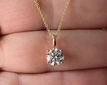 14K Solid Yellow Gold 1 Carat Round Lab Grown Diamond Solitaire Necklace, Diamond Solitaire Pendant