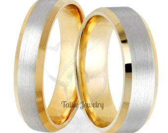 His and Hers Two Tone Gold Wedding Bands, Matching Wedding Rings Set, 10K 14K 18K White and Yellow Gold Wedding Bands