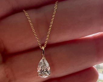 14K Solid Yellow Gold 1 Carat Pear Shape Lab Grown Diamond Solitaire Necklace, Diamond Solitaire Pendant
