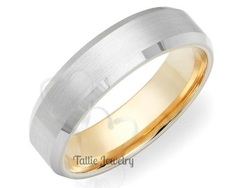 Two Tone Gold Wedding Bands, Beveled Edge Mens Wedding Ring, Mens Wedding Band,  6mm 10K 14K 18K Solid White and Yellow Gold Wedding Bands