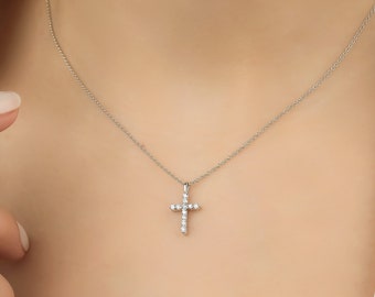 Diamond Cross Necklace ,14K Solid White Gold Diamond Cross Necklace, Minimalist Cross Necklace, Natural Diamond Cross Pendant, Baptism Gift