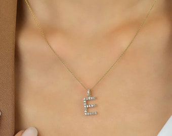 14K Yellow Gold Diamond Letter Necklace, 0.30 Carat Natural Diamond Initial Necklace, Diamond Necklace, Initial Pendant, Letter E Necklace