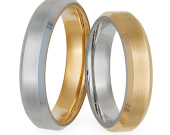 5mm 10K 14K 18K Solid White and Yellow Gold Wedding Bands, His and Hers Wedding Rings Set, Matching Wedding Bands, Mens and Womens Rings