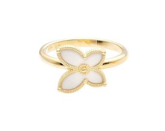 14K Solid Yellow Gold Mother Of Peral Butterfly Ring, White Enamel Butterfly Ring, Gold Butterfly Ring, Womens Rings, Gold Ring