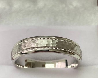 5mm 10K 14K 18K Solid White Gold Mens Wedding Bands, Milgrain Hammered Finish Mens Wedding Rings, Rings for Men, Ring for Women