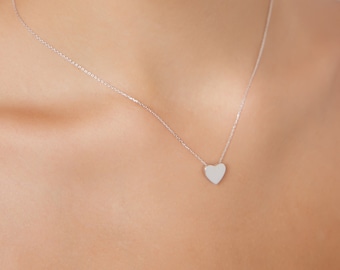 14K Solid White Gold Heart Necklace, Minimalist Heart Necklace, Floating Heart Necklace, Gifts for Her, Valentines Day Gift, Heart Necklace