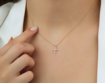 Small Diamond Cross Necklace, 14K White Gold Diamond Cross Necklace ,Minimalist Cross Necklace, Baptism Gift, Natural Diamond Cross Pendant