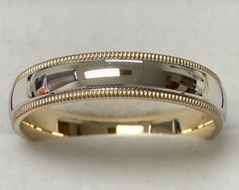 Platinum and 18K Yellow Gold Wedding Band, 5mm Platinum Shiny Finish Milgrain Mens Wedding Ring, Two Tone Gold Wedding Bands