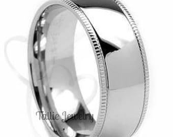 8mm 10K 14K 18K Solid White Gold Mens Wedding Bands, Shiny Finish Milgrain Mens Wedding Rings, Plain Wedding Band, Plain Wedding Ring