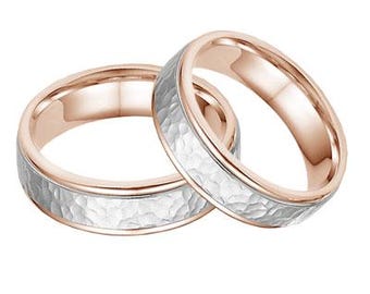 Two Tone Gold Wedding Bands, His and Hers Wedding Rings Set, Matching Wedding Bands Set ,14K Solid White and Rose Gold Wedding Bands