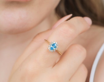 Blue Topaz Ring, 14K Yellow Gold Topaz Ring, Diamond Cz Wedding Ring, Engagement Rings, Gemstone Ring, Womens Ring, Oval Blue Topaz Ring