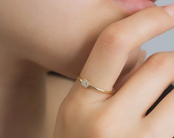 14K Yellow Gold Halo Diamond Ring, Womens Diamond Wedding Bands, Engagement Rings, Minimalist Diamond Wedding Rings, Promise Ring