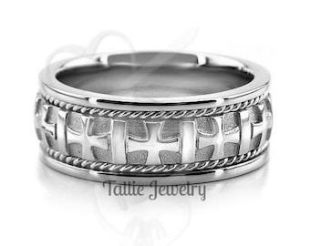 Braided Mens Wedding Band, Handmade Cross Design Mens Wedding Ring, 8mm 10K 14K 18K Solid White Gold Wedding Bands