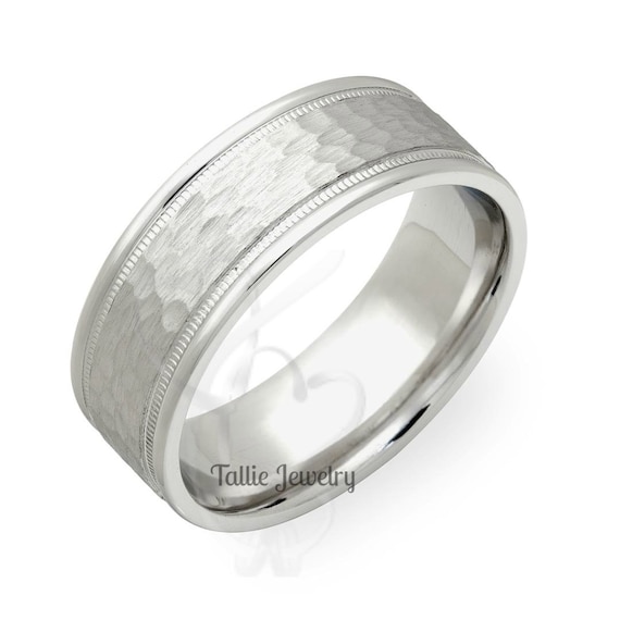 Alianzas de boda para hombre en oro blanco, con acabado martillado, mm,  oro blanco macizo de 10, 14 y 18