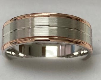 Two Tone Gold Wedding Bands, 7mm 10K 14K 18K Solid White and Rose Gold Mens Wedding Rings, Two Tone Gold Wedding Ring, Mens Wedding Band