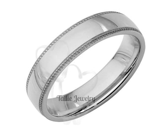 5mm 14K Solid White Gold Wedding Bands, Dome Milgrain Mens Wedding Ring, Plain Mens Wedding Band, 10K,14K,18K White Gold Wedding Rings