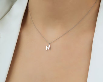 14K Solid White Gold Letter Necklace, Gold Initial Necklace, All Letters Available, Letter M Necklace , Layering Necklace