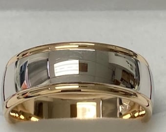 Mens Wedding Band, Mens Wedding Ring, 8mm 10K 14K 18K Solid White and Yellow Gold Shiny Finish Wedding Bands, Two Tone Gold Wedding Bands