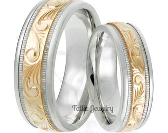 His and Hers Hand Engraved Wedding Bands, 7mm 10K 14K 18K White and Yellow Gold Hand Engrave Wedding Rings Set