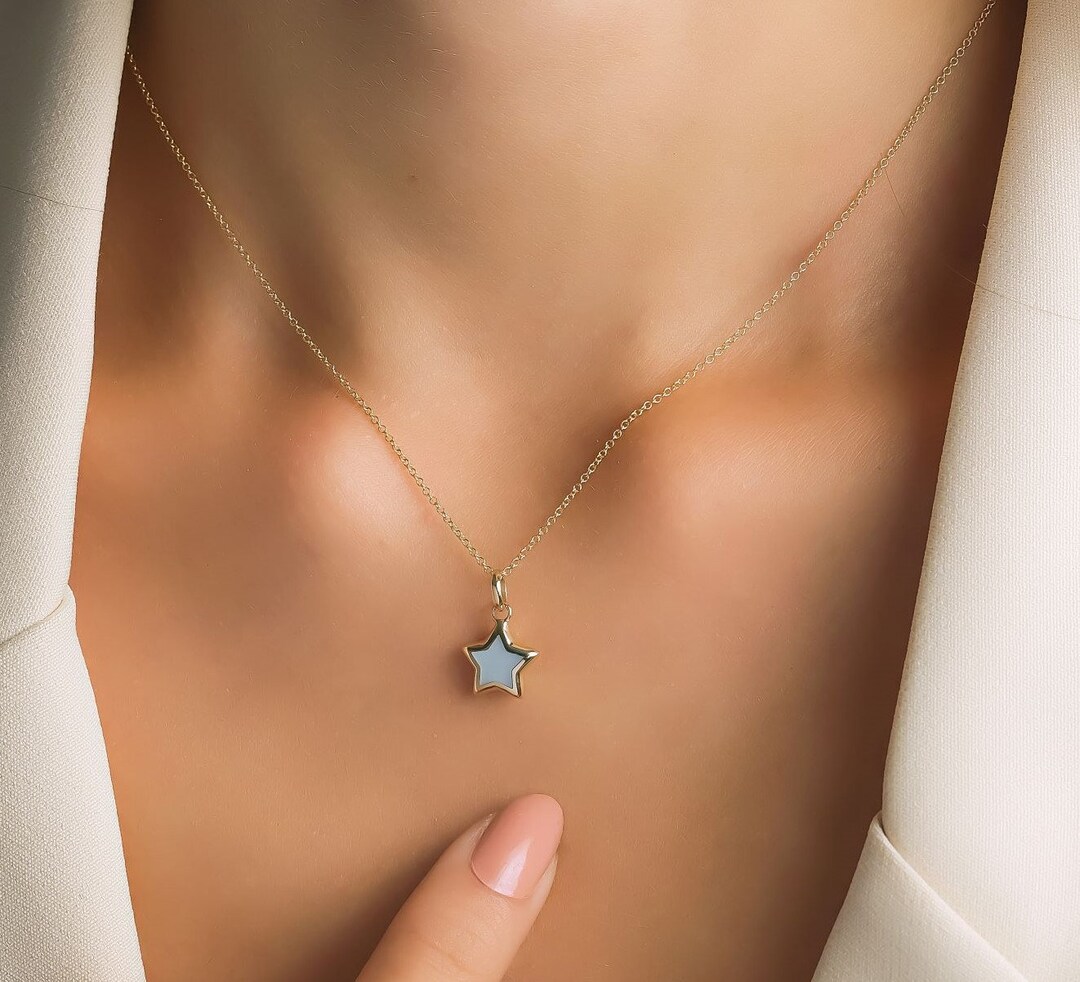 Puffed Stars 14K Yellow Gold Puffed Mother of Pearl Star Necklace, Puffed Star ...