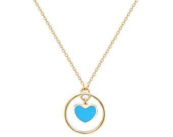 14K Solid Yellow Gold Heart Necklace, Minimalist Turquoise Heart Necklace ,  Gold Heart Necklace, Small Heart Necklace