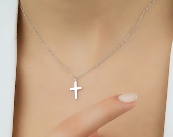 Small Cross Necklace, 14K Solid White Gold Cross Necklace, Cross Pendant, Minimalist Cross Necklace, Crucifix Cross Necklace, Baptism Gift