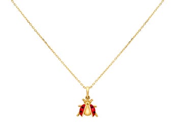 14K Solid Yellow Gold Lady Bug Necklace, Minimalist Lucky Lady Bug Necklace, Luck Charm