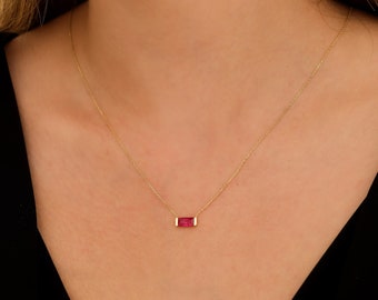 14K Solid Yellow Gold Baguette Ruby Solitaire Necklace, July Birthstone Pendant