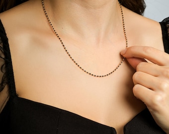 14K Solid Yellow Gold Beaded Necklace, Black Enamel Beaded Necklace, Onyx Necklace, Gold Necklace