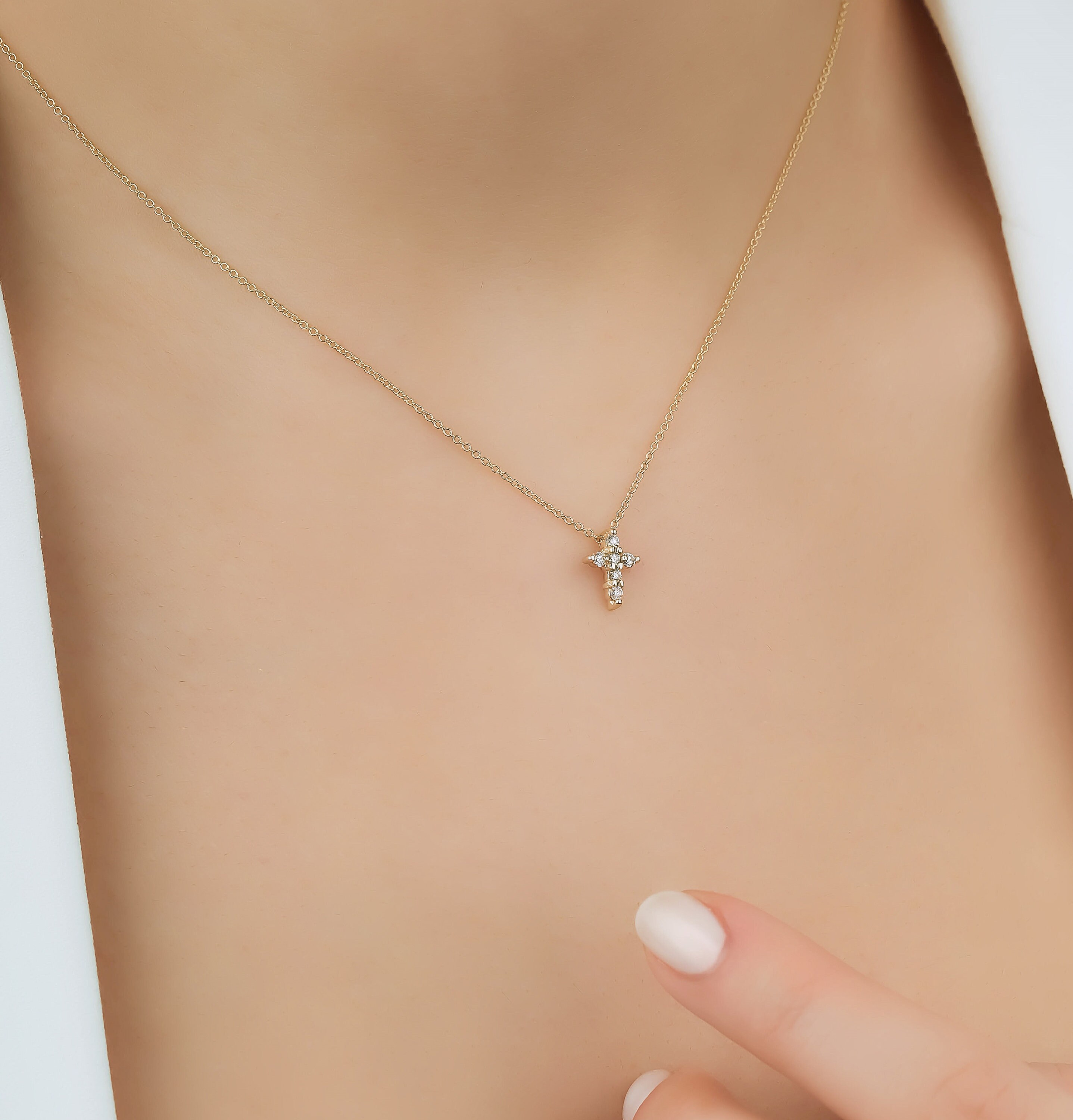 Diamond Cross Necklace, 14K Gold 