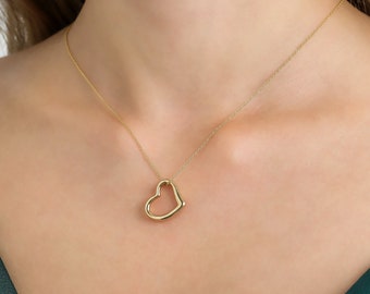 14K Yellow Gold Heart Necklace, Minimalist Open Heart Necklace, Heart Pendant,Valentines Day Gift, Heart Necklace in 14K Gold, Love Necklace
