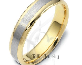 5mm 10K 14K 18K Solid White and Yellow Gold Mens Womens Wedding Ring, Two Tone Gold Wedding Bands