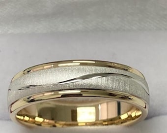 Two Tone Gold Mens Wedding Bands, Brushed Finish Mens Wedding Rings, 6mm 10K 14K 18K Solid White and Yellow Gold  Wedding Bands, Comfort Fit