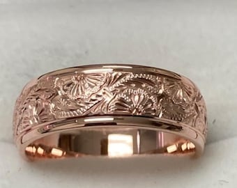 7mm 10K 14K 18K Solid Rose Gold Hand Mens Engraved Bands, Hand Engraved Mens Wedding Rings