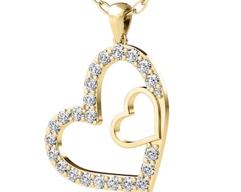 14K Solid Yellow Gold Diamond Heart Necklace, 0.50 Carat Natural Diamond Heart Necklace, Diamond Heart Pendant, Open Heart Necklace