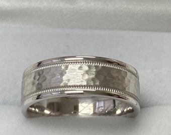 Mens Platinum Wedding Band,  8mm Milgrain Hammered Finish Mens Platinum Wedding Ring, Platinum Rings, Rings for Men