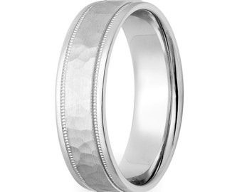 White Gold Mens Wedding Bands, Hammered Finish Mens Wedding Rings, 6mm 10K 14K 18K Solid White Gold Wedding Bands, Womens Wedding Rings