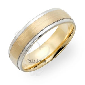 Two Tone Gold Wedding Bands, 6mm,10K,14K,18K White and Yellow Gold Mens Wedding Rings, Two Tone Gold Mens Wedding Bands, Mens Wedding Rings