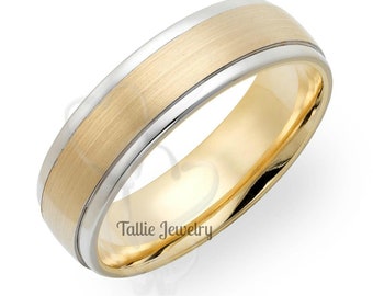 Two Tone Gold Wedding Bands, 6mm,10K,14K,18K White and Yellow Gold Mens Wedding Rings, Two Tone Gold Mens Wedding Bands, Mens Wedding Rings