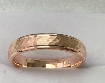 14K Solid Rose Gold Wedding Band, Hammered Finish Mens and Women Wedding Ring, 4mm 10K 14K 18K Solid Rose Gold Wedding Bands, Comfort Fit