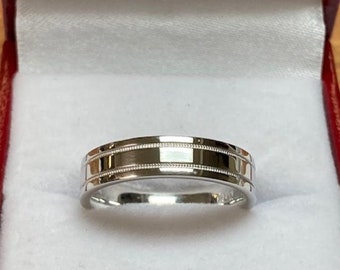 14K Solid White Gold Wedding Band,  4.5mm Flat Shiny Finish Milgrain Mens Womens Wedding Ring, His & Hers Wedding Bands, Plain Wedding Ring