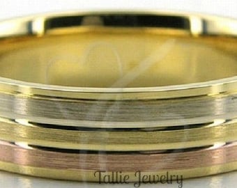 Two Tone Gold Wedding Bands, 6mm 10K 14K 18K White Gold Rose Gold and Yellow Gold Mens and Womens Wedding Rings, His & Hers Wedding Bands