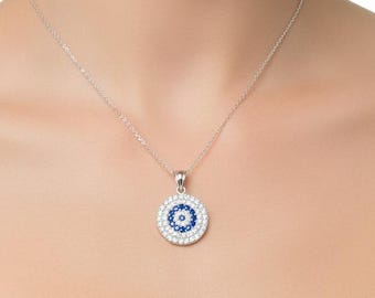 Evil Eye Necklace, 14K White Gold Round Evil Eye Necklace, Evil Eye Pendant, Nazar Necklace, Kabbalah, Good Luck Charm,Gold Evil Eye