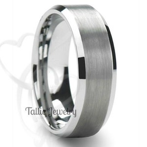 7mm 14K Solid White Gold Mens Wedding Ring,  Beveled Edge Satin Finish Mens Wedding Band, His & Hers Wedding Rings