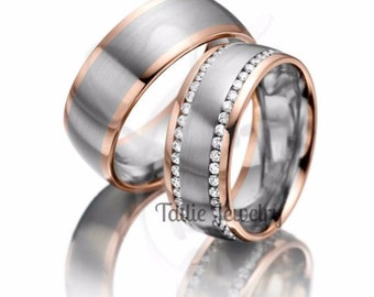 His and Hers Diamond Wedding Bands, Matching Wedding Rings Set, 14K White and Rose Gold Diamond Eternity Wedding Bands, Two Tone Gold Rings