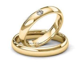 3mm 10K 14K 18K Solid Yellow Gold Mens and Womens Wedding Bands, Matching Wedding Rings Set, His and Hers Diamond Wedding Bands