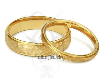 His and Hers Hammered Finish Wedding Bands, Matching Wedding Rings Set, 10K 14K 18K Yellow Gold Mens and Womens Wedding Bands