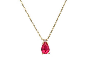 14K Solid Yellow Gold Ruby Solitaire Necklace ,Diamond Necklace, Pear Shape Ruby Necklace, July Birthstone, Gemstone Necklace